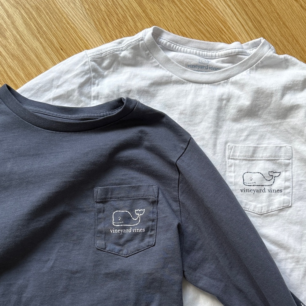 Vineyard Vines Kids Long-Sleeve Pocket Tees in White and Navy